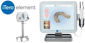The logo for iTero and a computer screen showing the digital scan acquired using the iTero technology